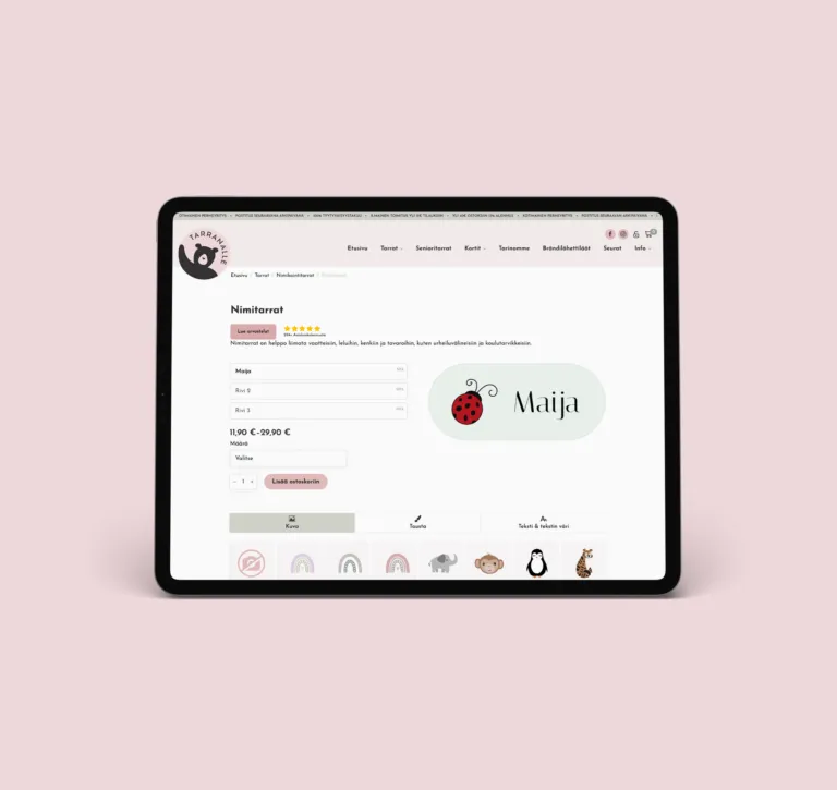 Tarranallen tuotesivu tablet-näkymässä