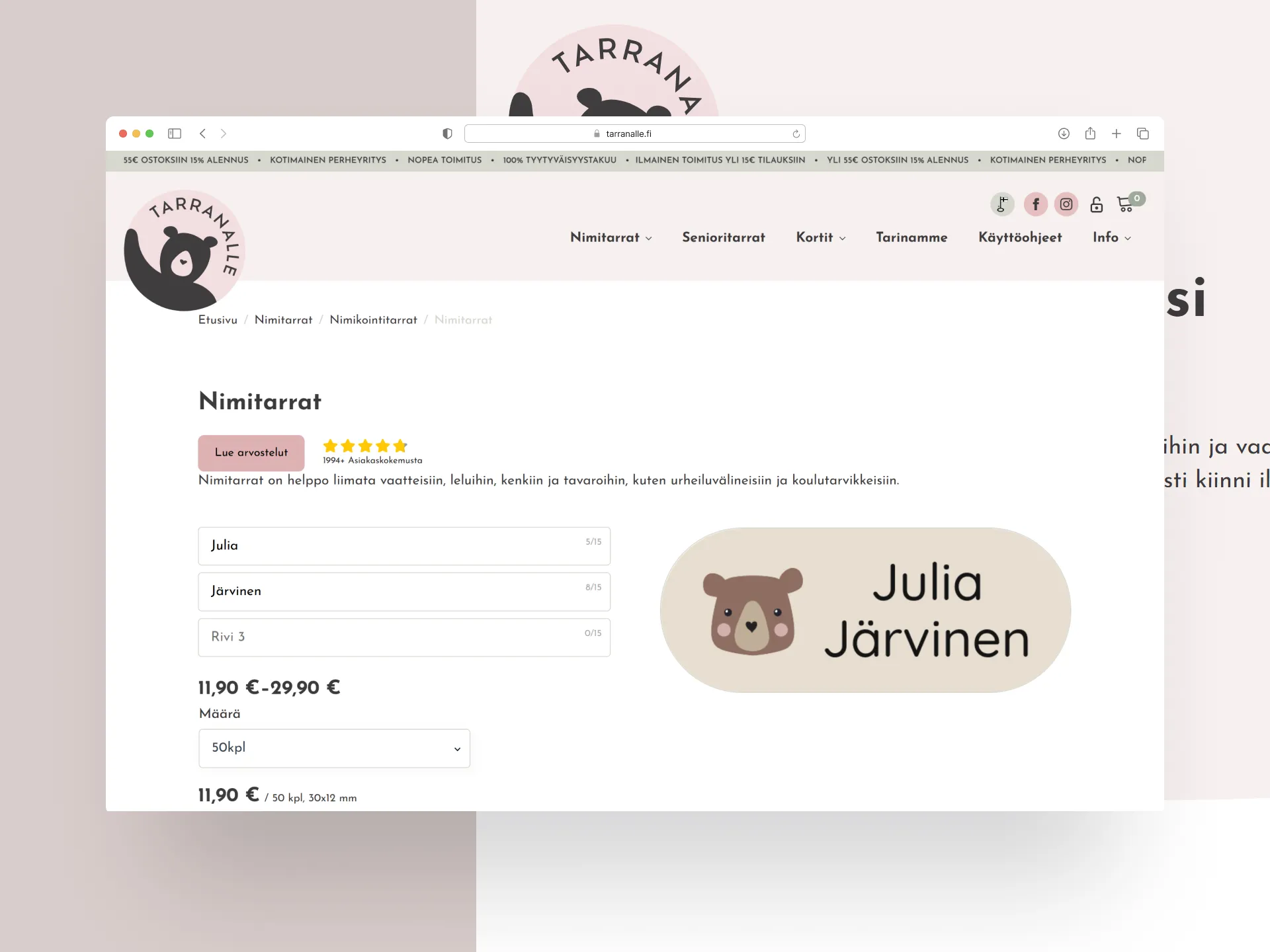 Tarranallen verkkokauppa mockupissa
