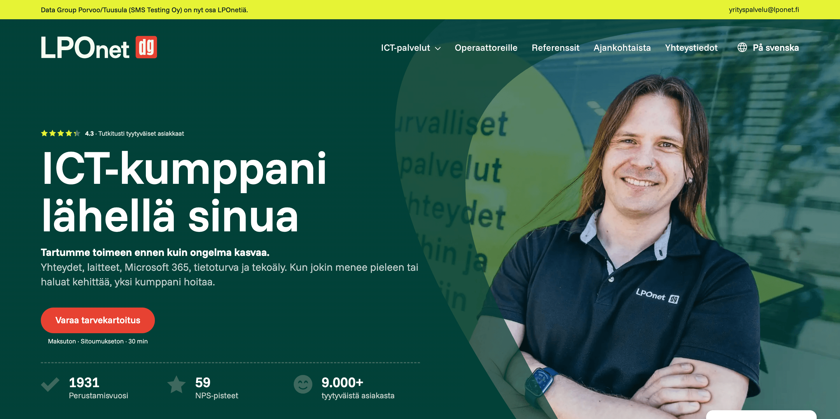 LPOnet DG:n uusi B2B-toiminnan etusivu on selkeä, näyttää todisteet heti ja ohjaa kohti toimintaa